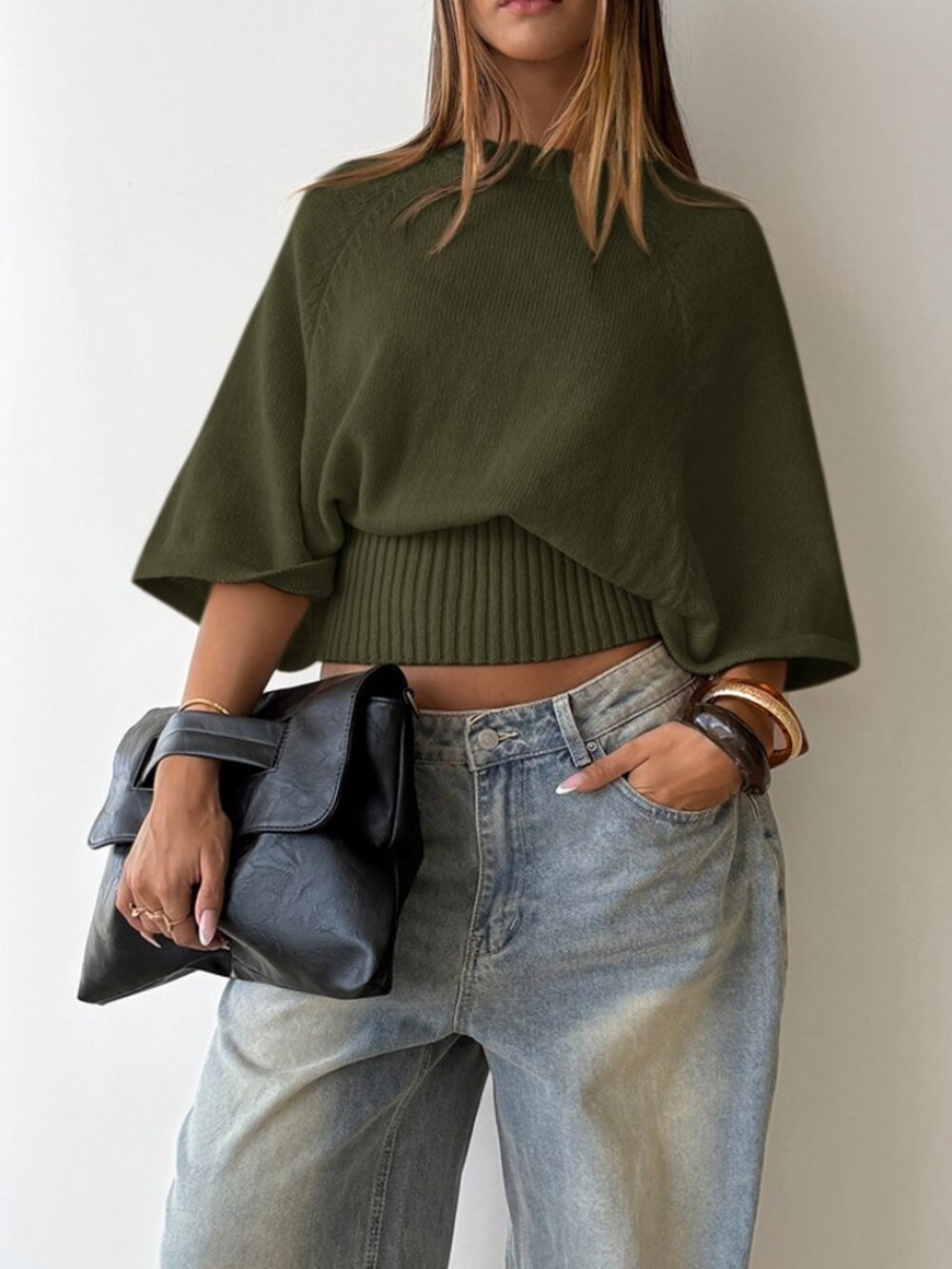 Army Green Casual Women's Round Neck Short Sleeve Cinched Waist Sweater